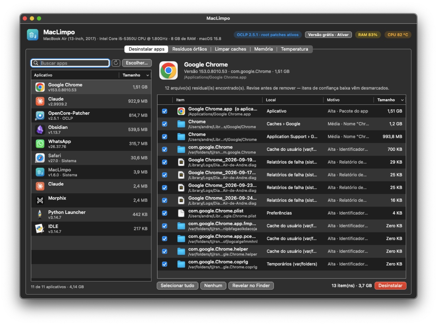 Tela do MacLimpo mostrando os arquivos que o Google Chrome deixou no Mac